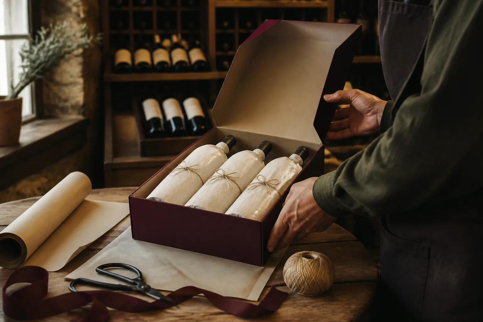 Coffret de bouteilles emballé de papier et de ficelle