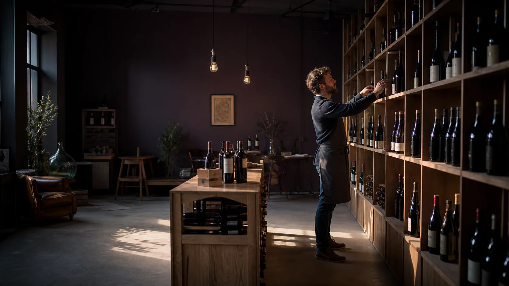 Caviste rangeant une cave contemporaine