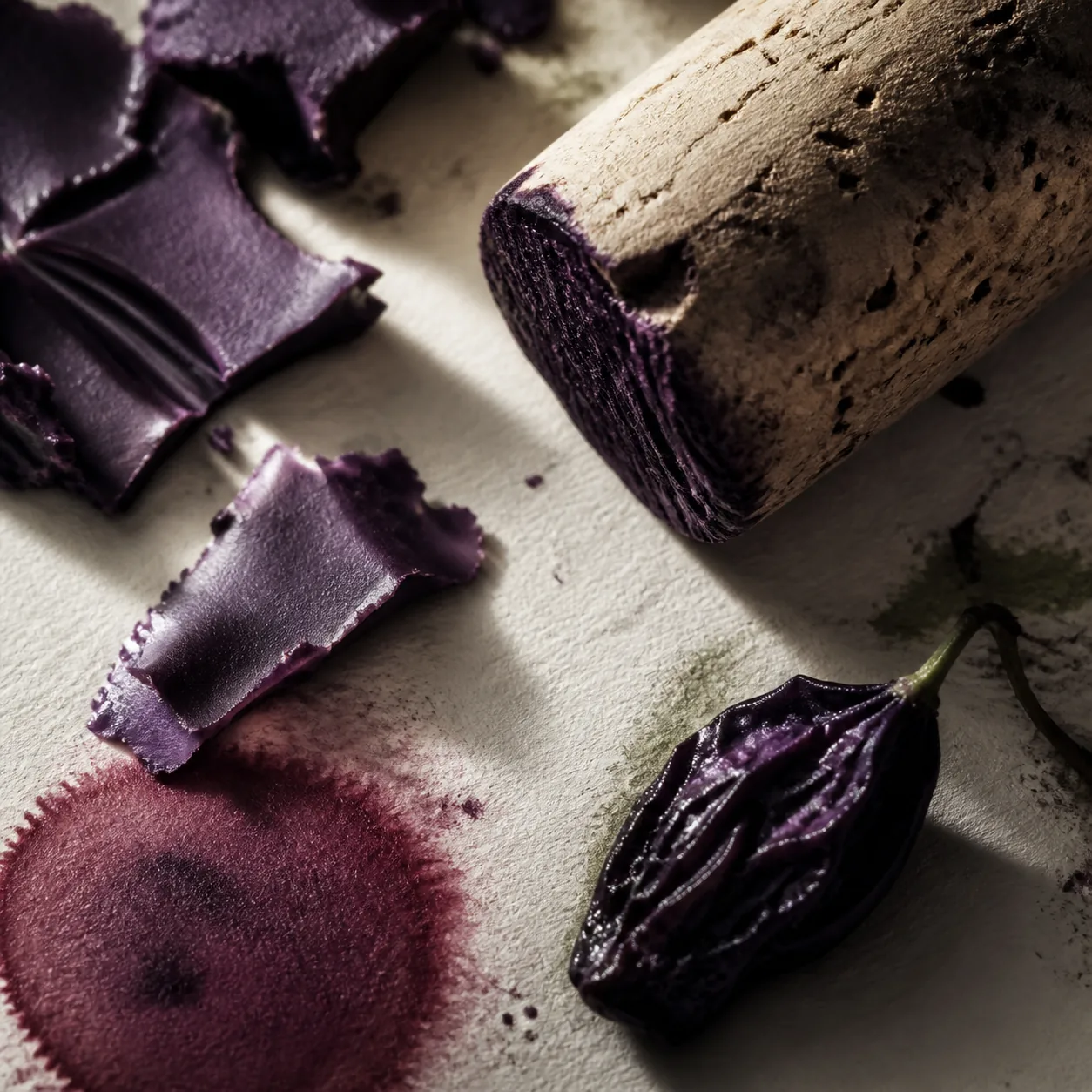 Matières de papier, liège et cire lie-de-vin