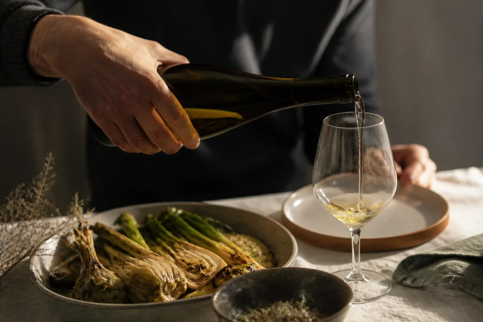 Vin blanc servi avec des légumes grillés