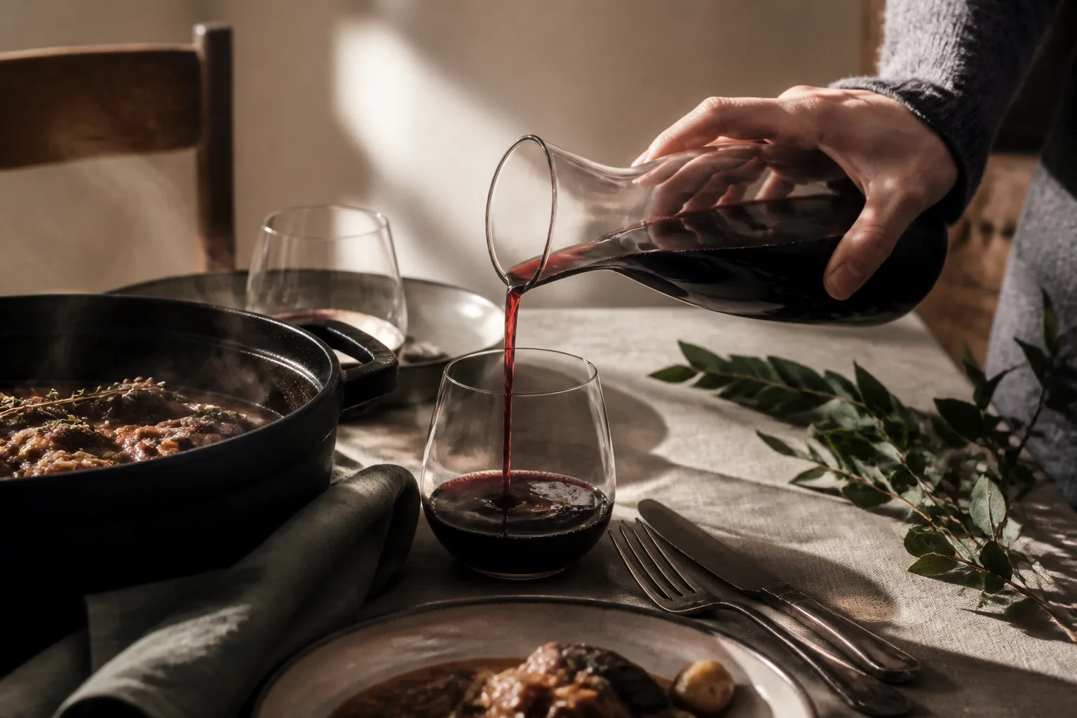 Vin rouge servi près d’un plat mijoté