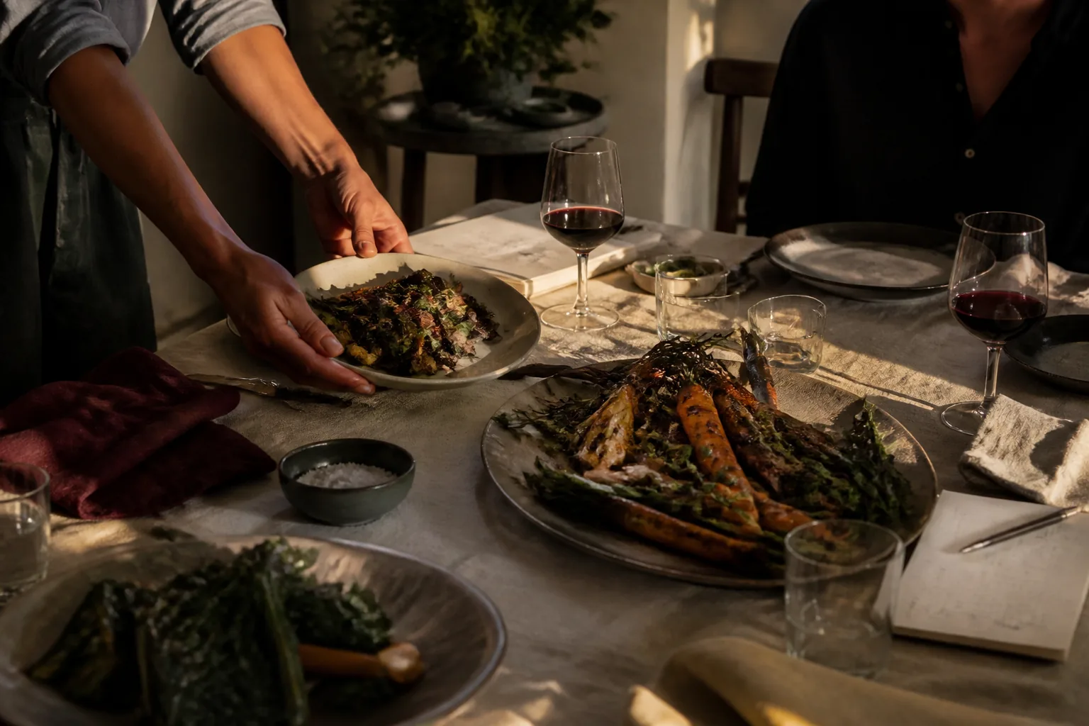 Table végétale et verres de vin