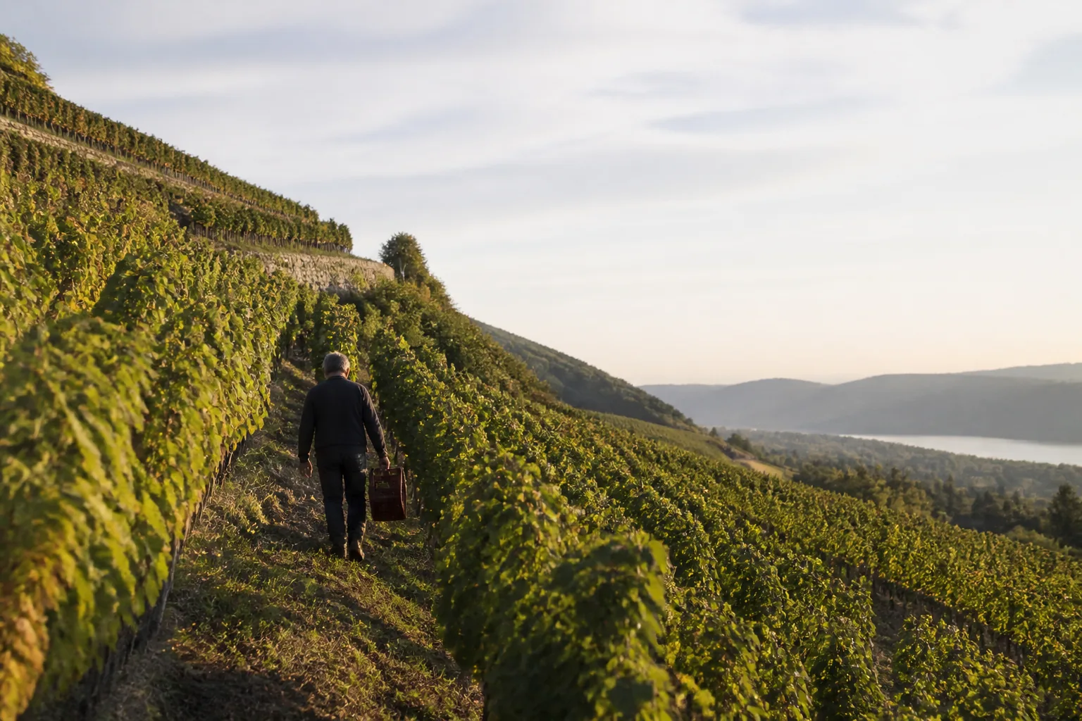 Vigneron marchant dans une vigne en pente