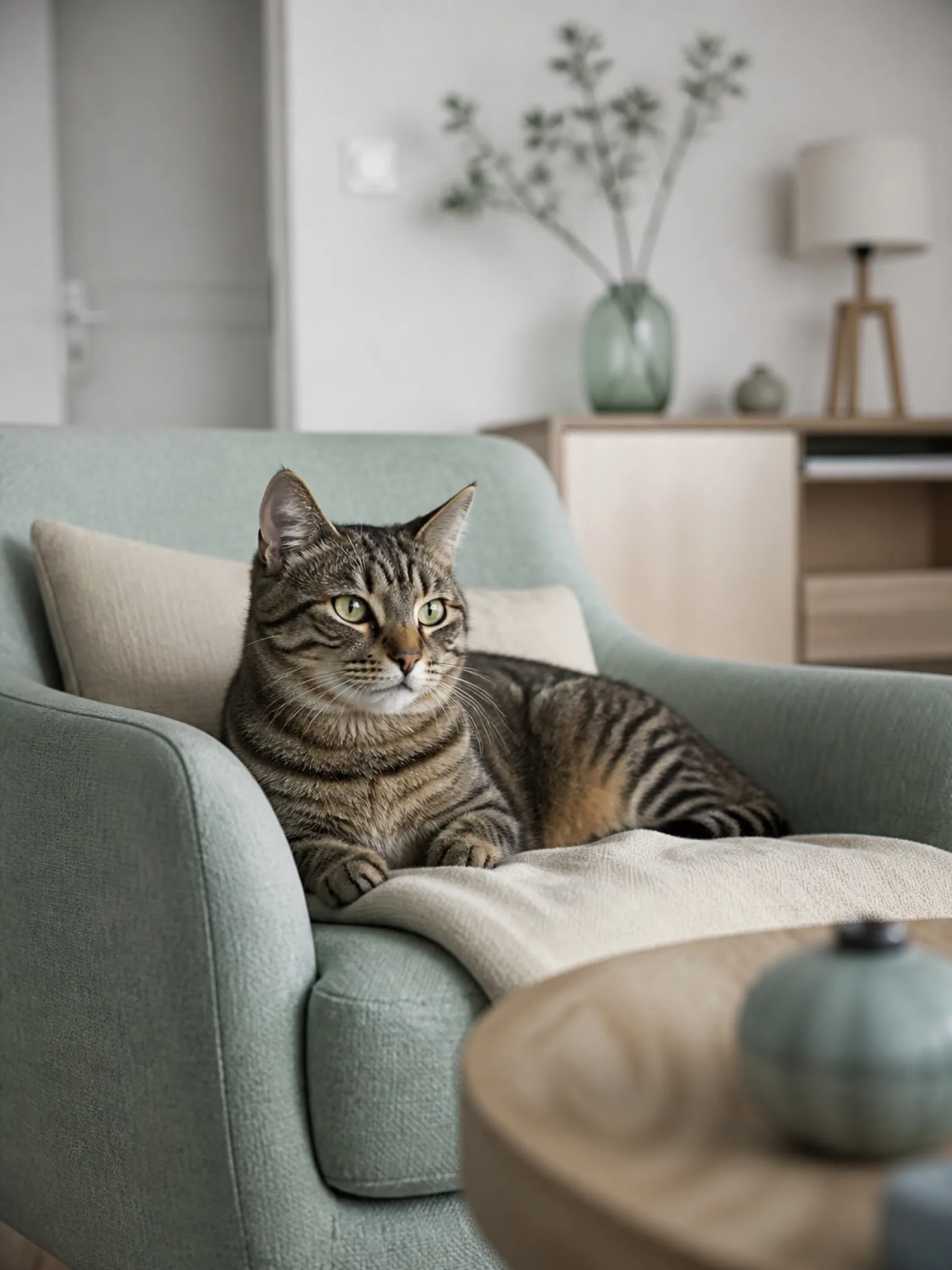 Chat sur son fauteuil photographié pendant une visite