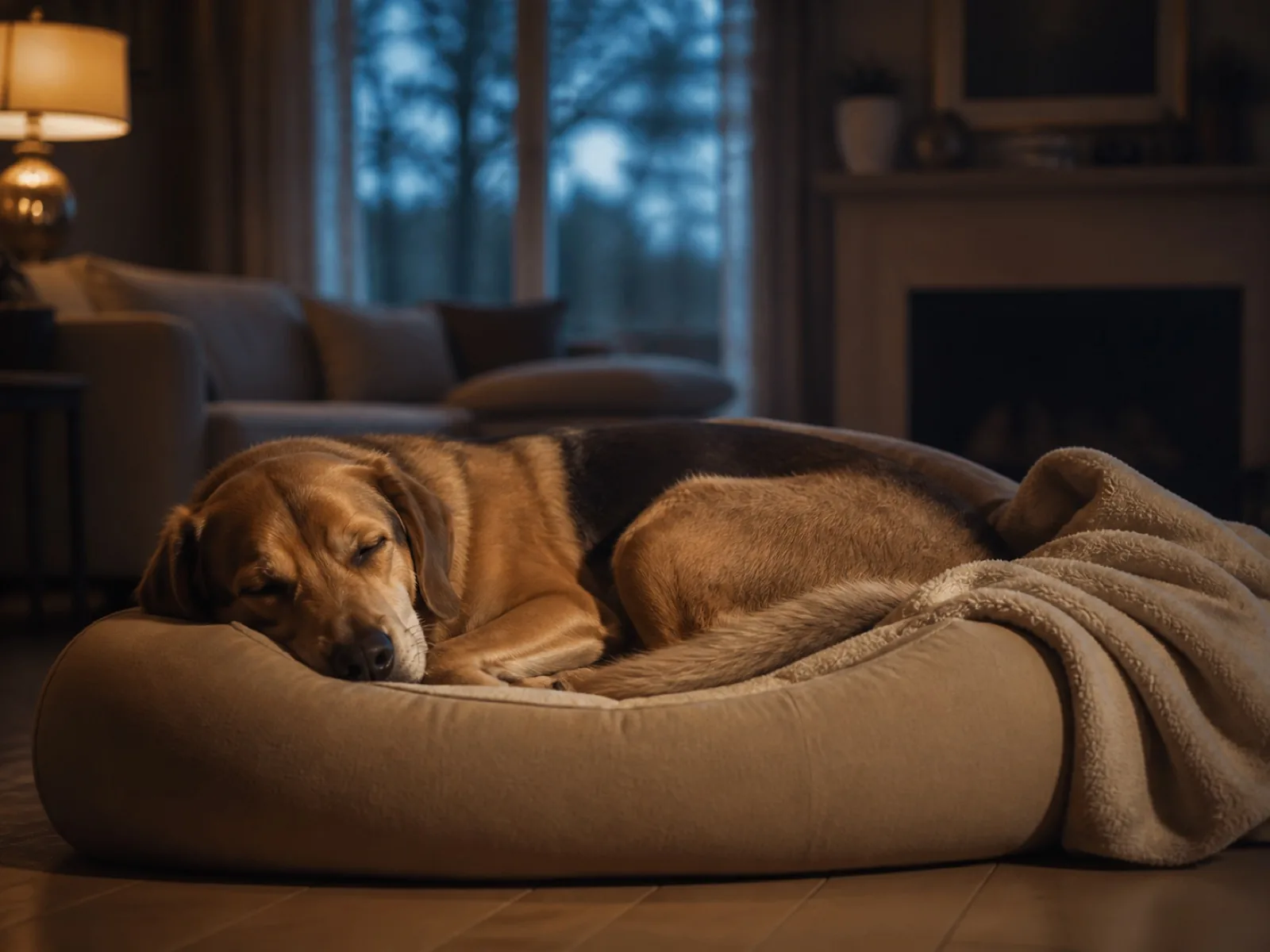 Chien endormi dans son panier le soir à domicile