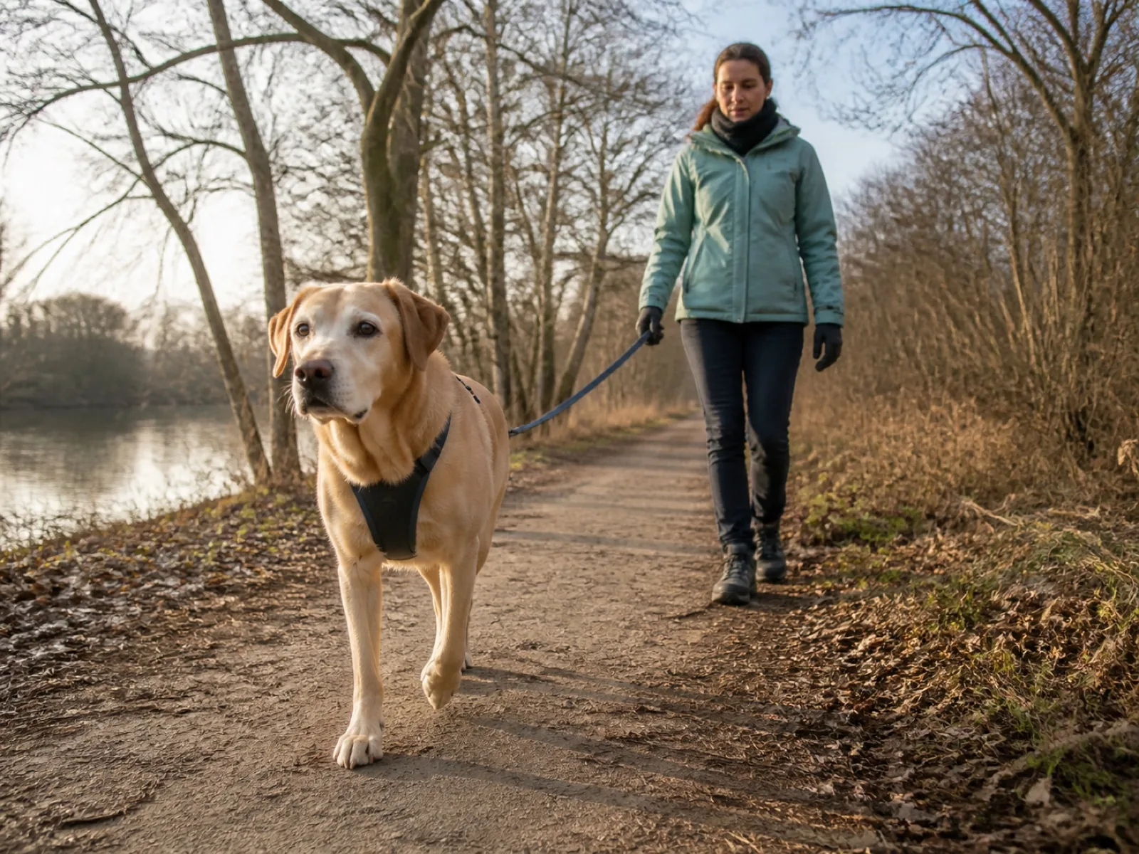 Chien promené calmement dans une rue arborée de Tours