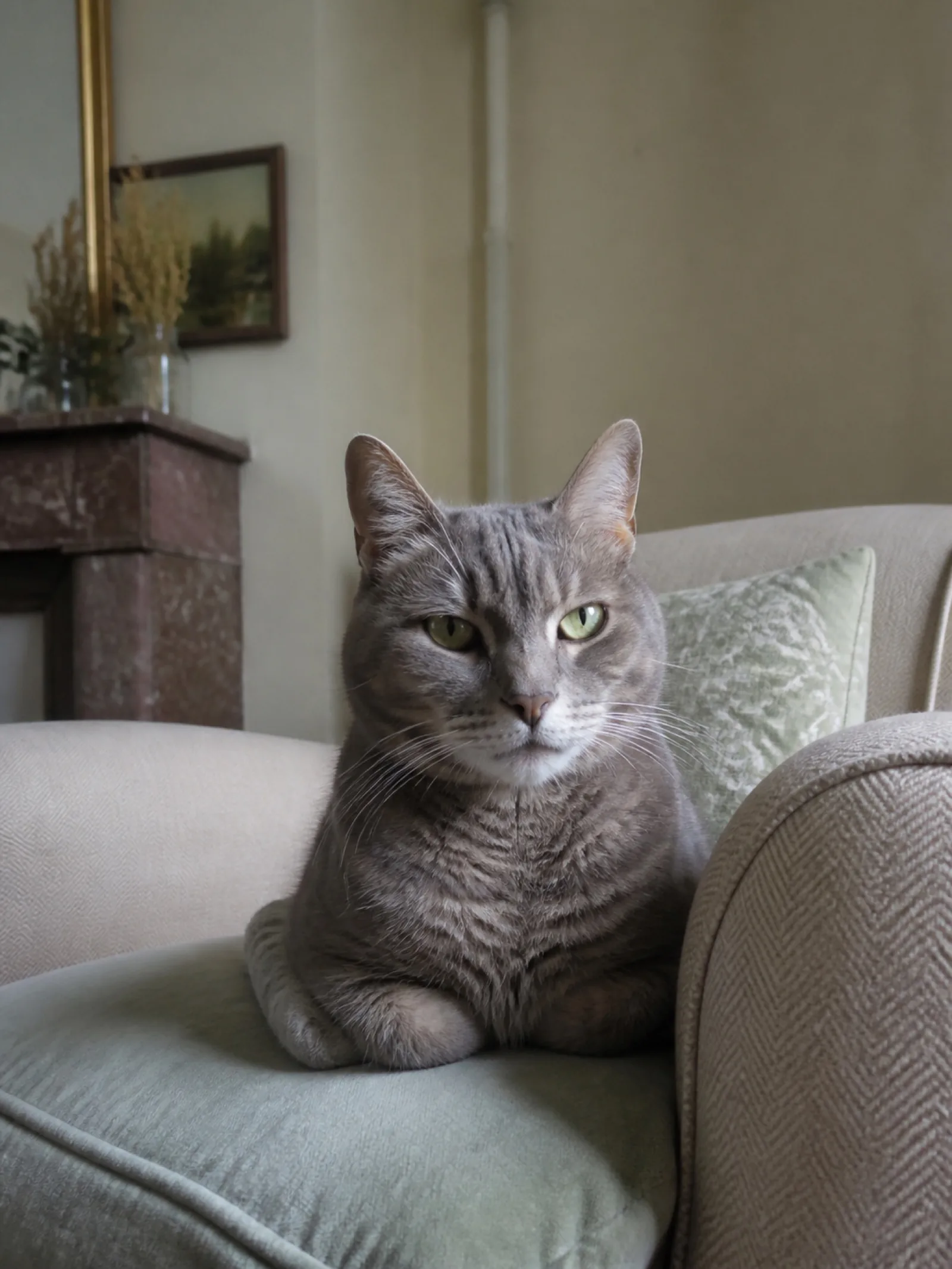 Chat gris sur un fauteuil de son salon