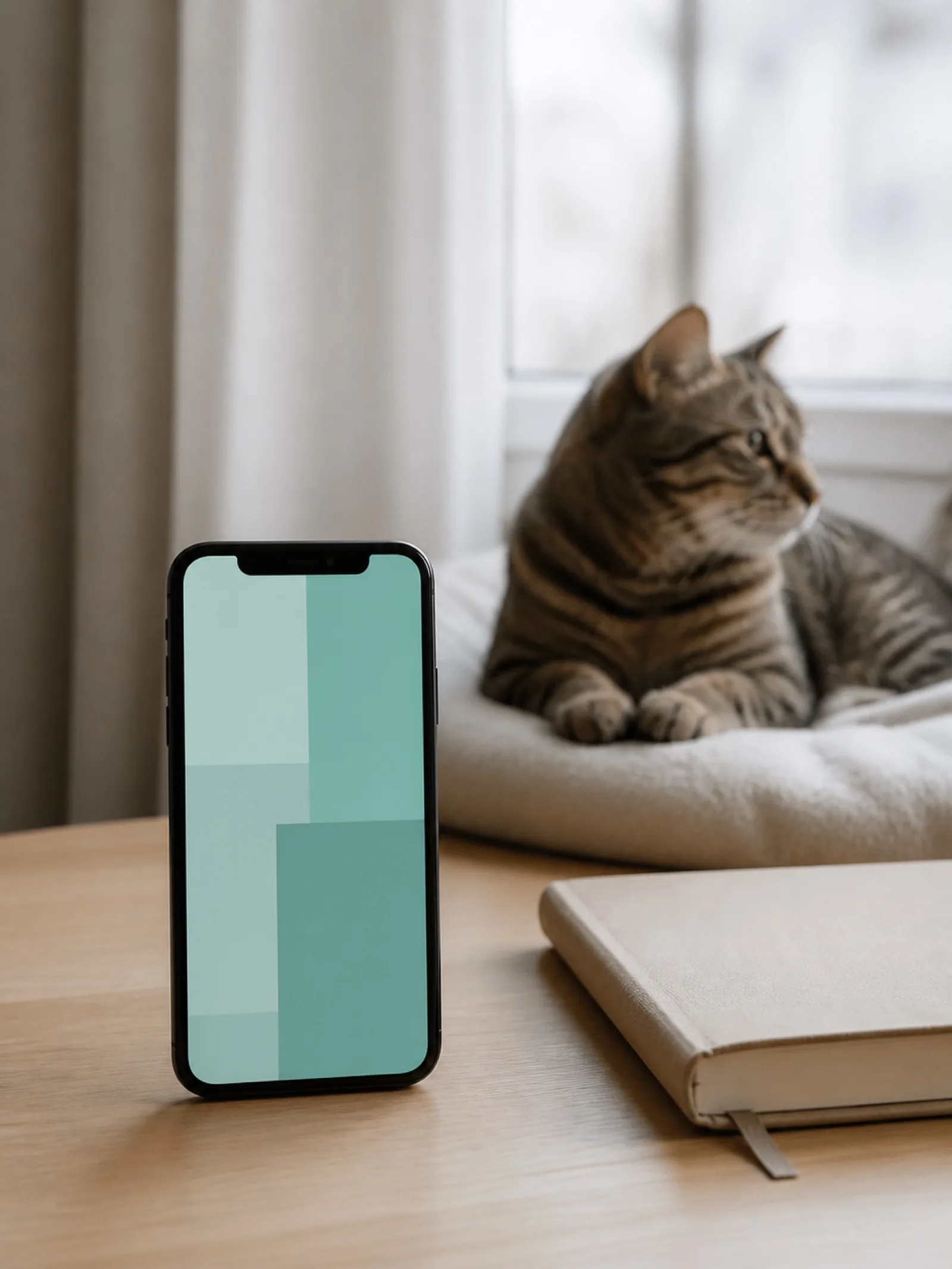 Téléphone et carnet près d’un chat à domicile