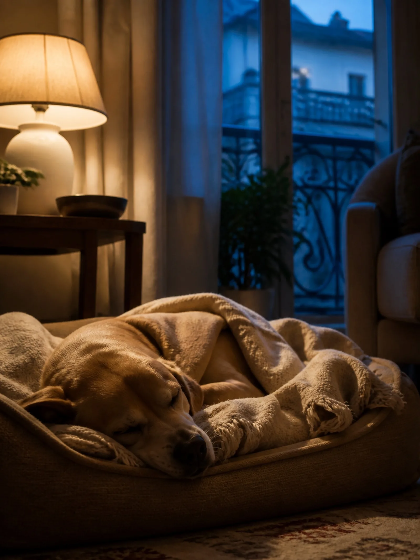 Chien endormi dans son panier le soir