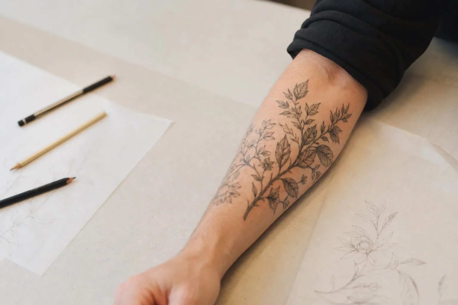 Composition botanique tatouée sur un avant-bras