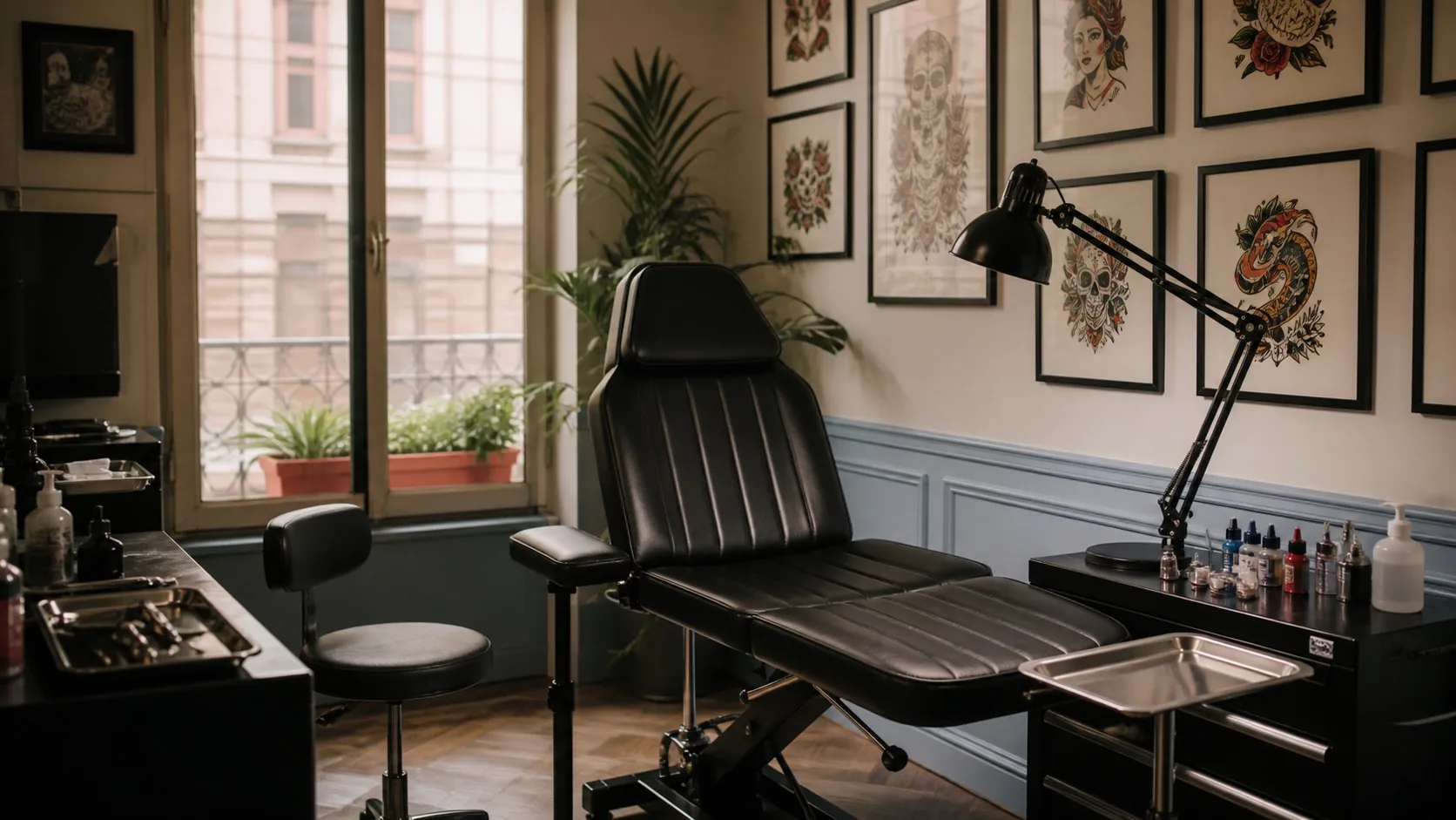 Intérieur lumineux de l’Atelier Sillage avec fauteuil de tatouage