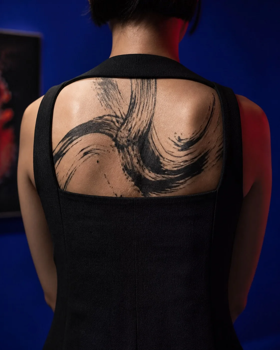 Tatouage abstrait noir photographié dans une lumière cobalt