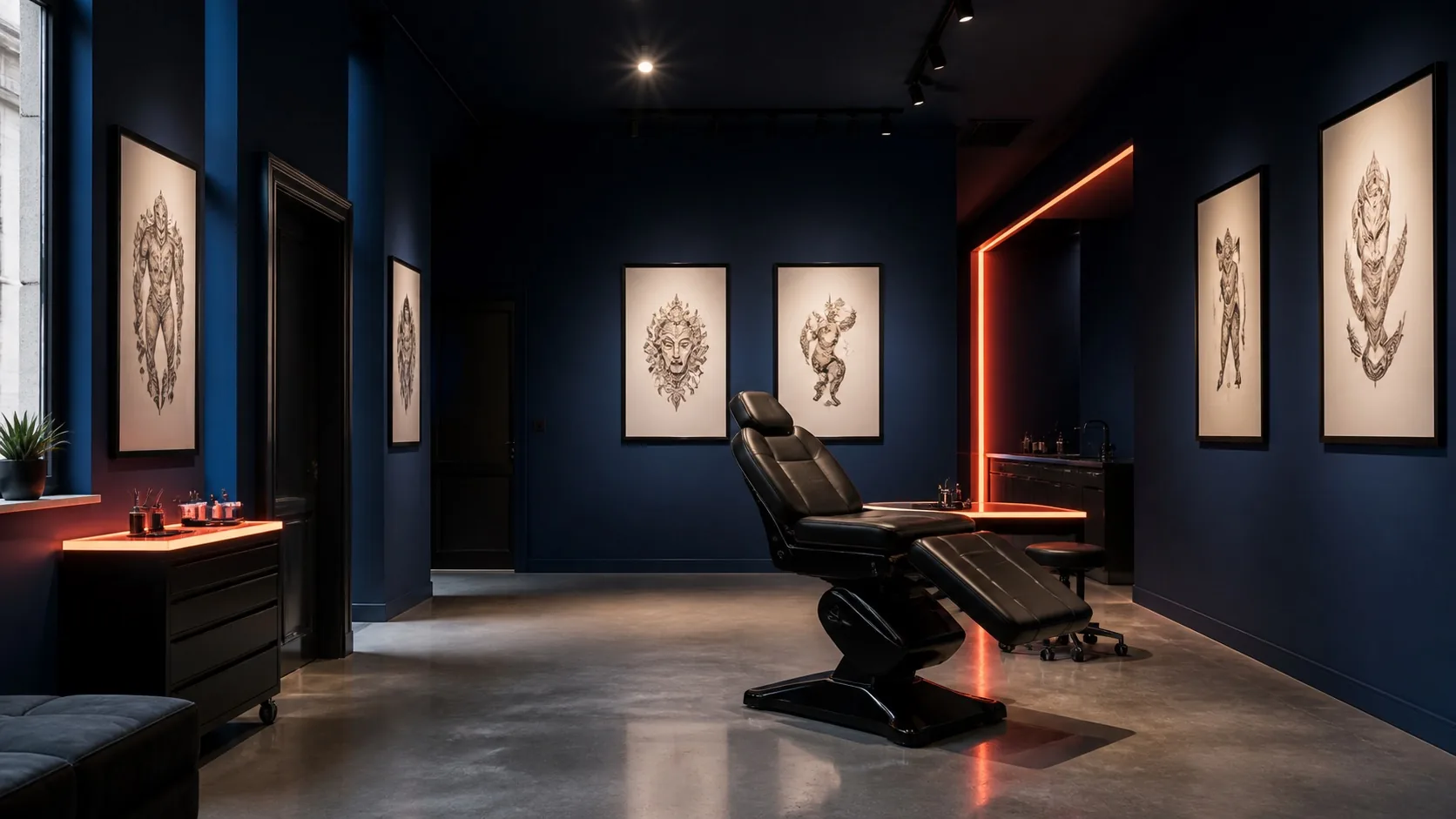 Atelier de tatouage contemporain aux murs cobalt et à l’éclairage corail