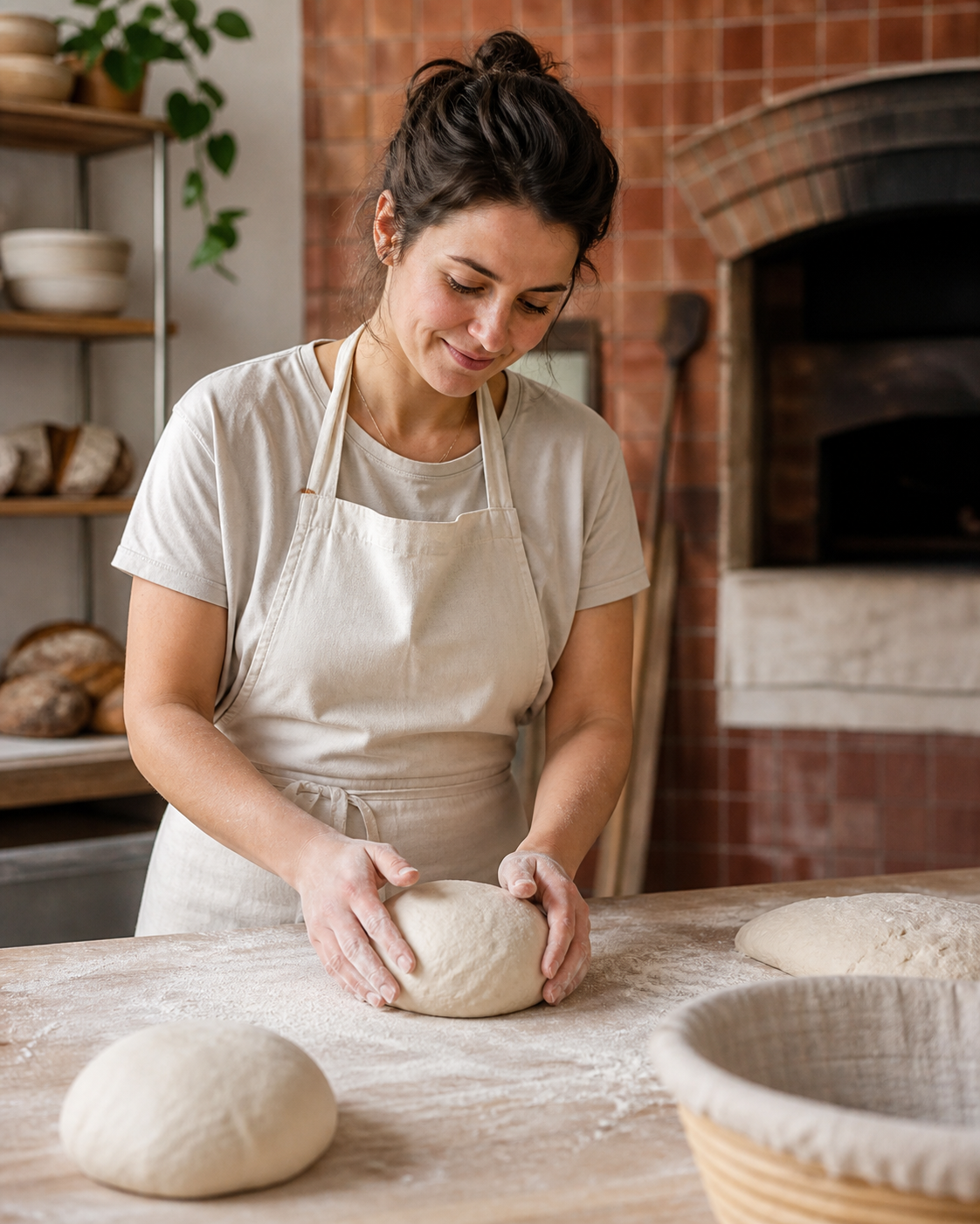 Boulangère façonnant une miche au fournil