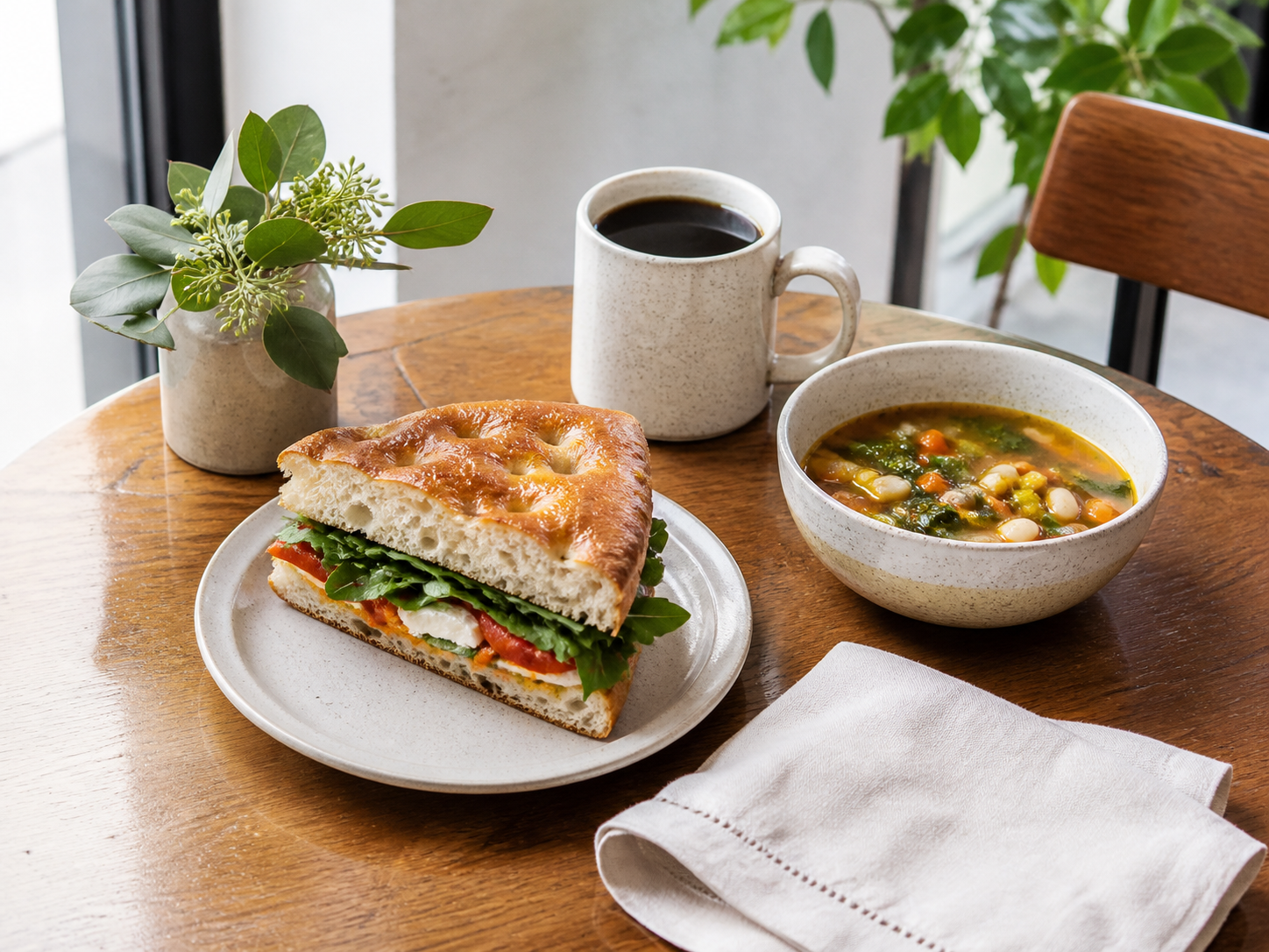 Déjeuner de saison avec focaccia, soupe et café