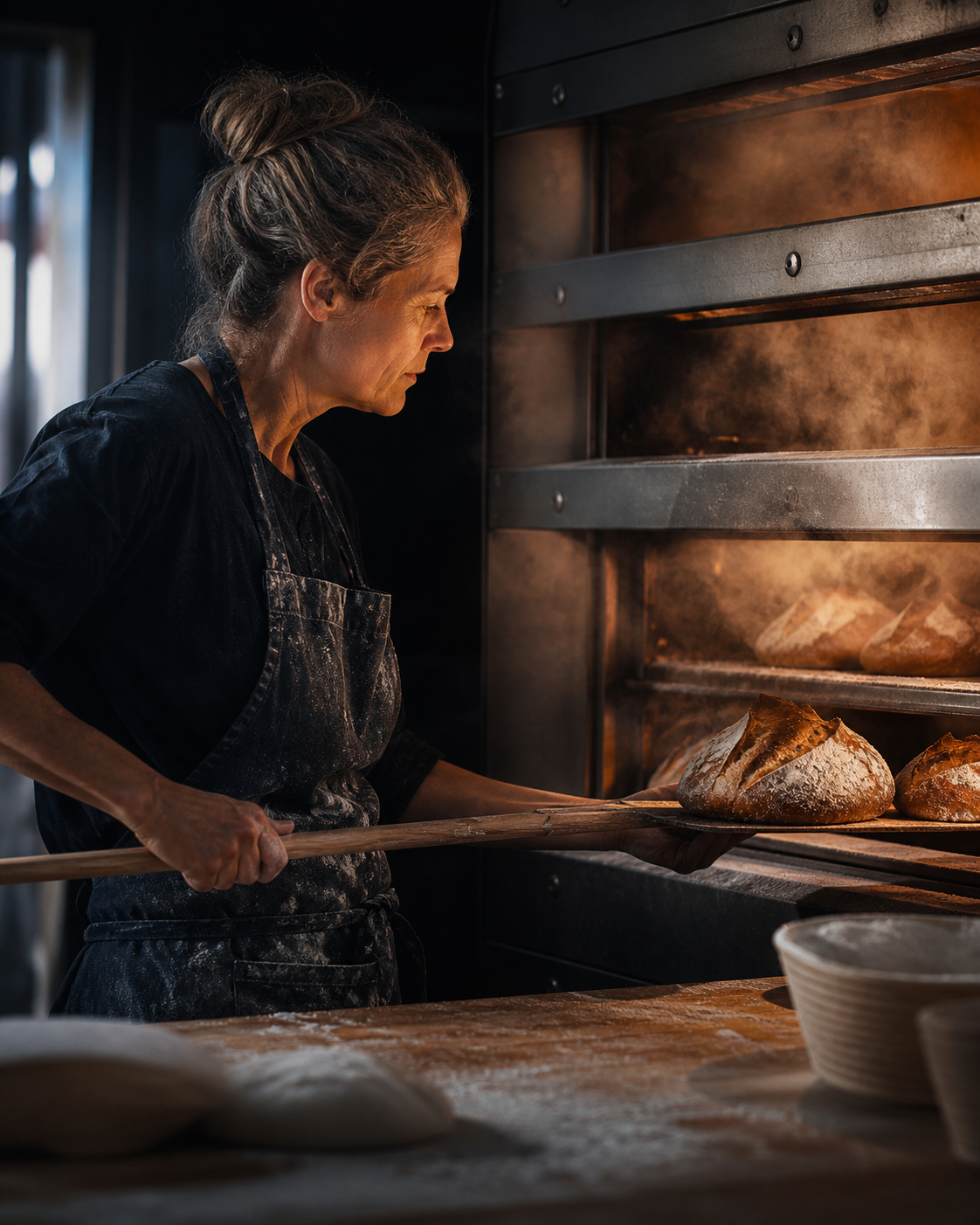 Clara, boulangère, sortant les pains du four