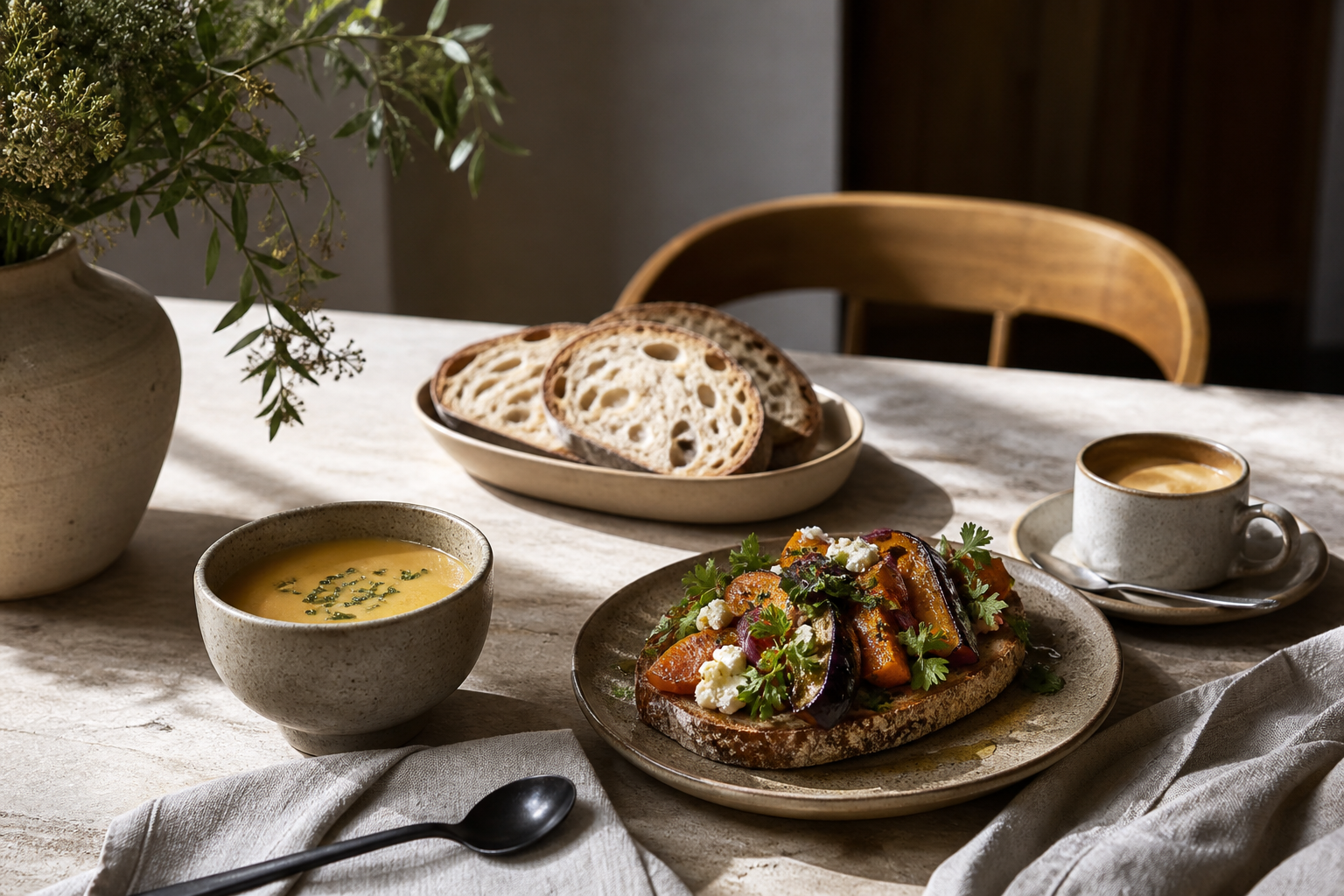 Table du midi avec tartine de légumes, soupe et café