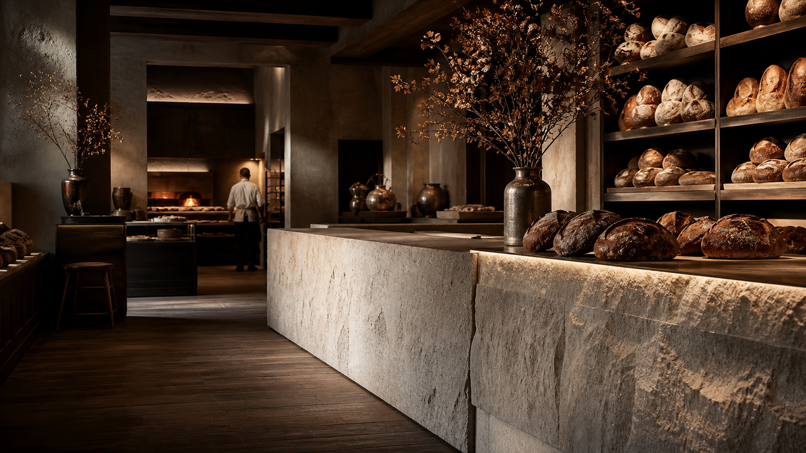 Intérieur en pierre et bois du fournil Maison Miette