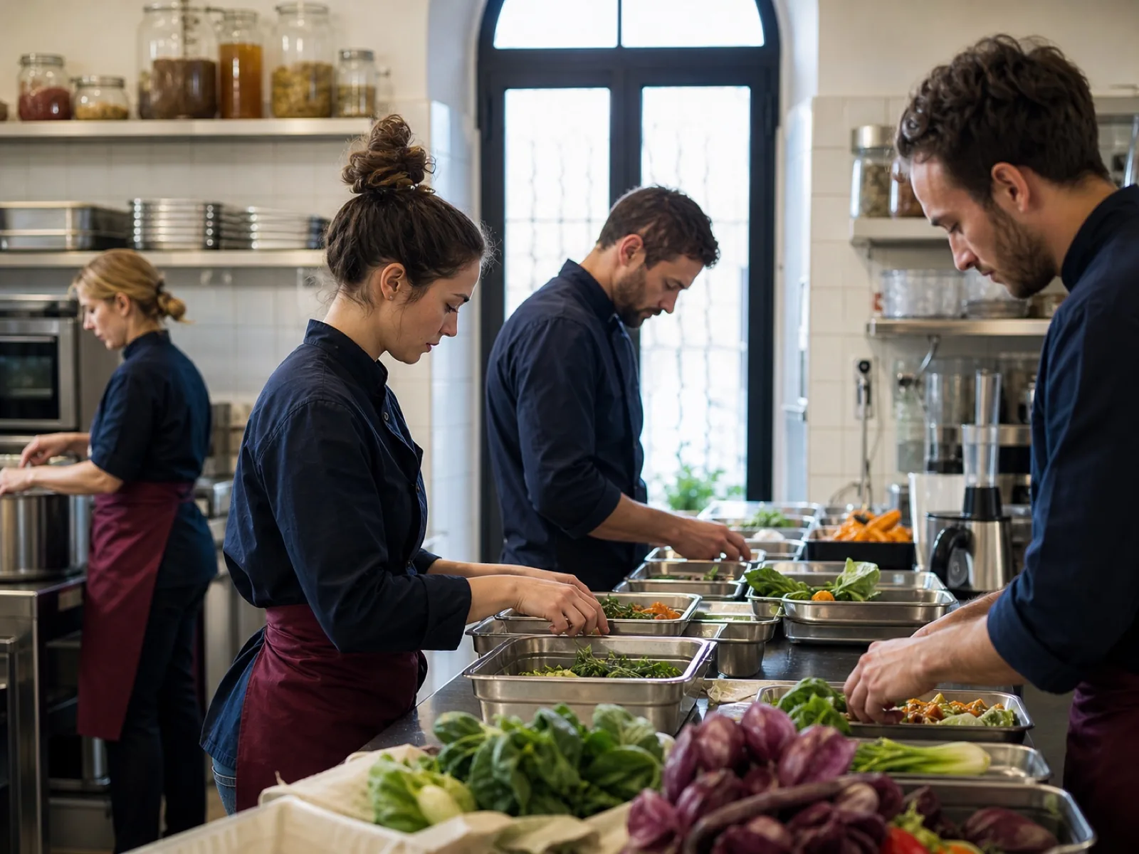 Équipe de cuisine préparant les portions du jour