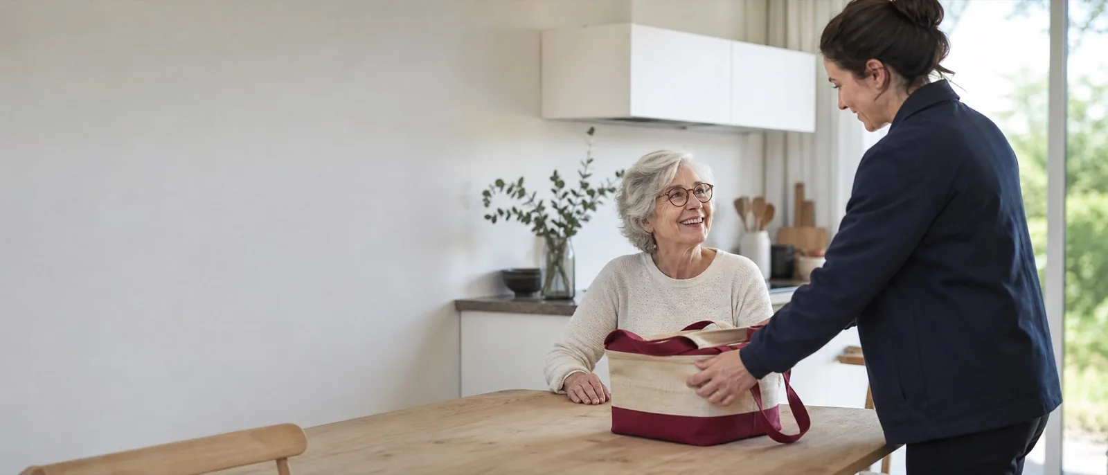 Repas dressé pour une personne dans une cuisine habitée