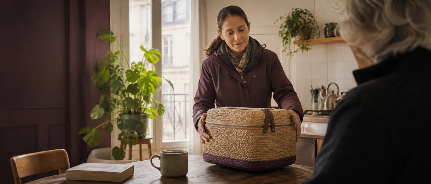 Livreuse déposant un panier de repas dans une cuisine angevine