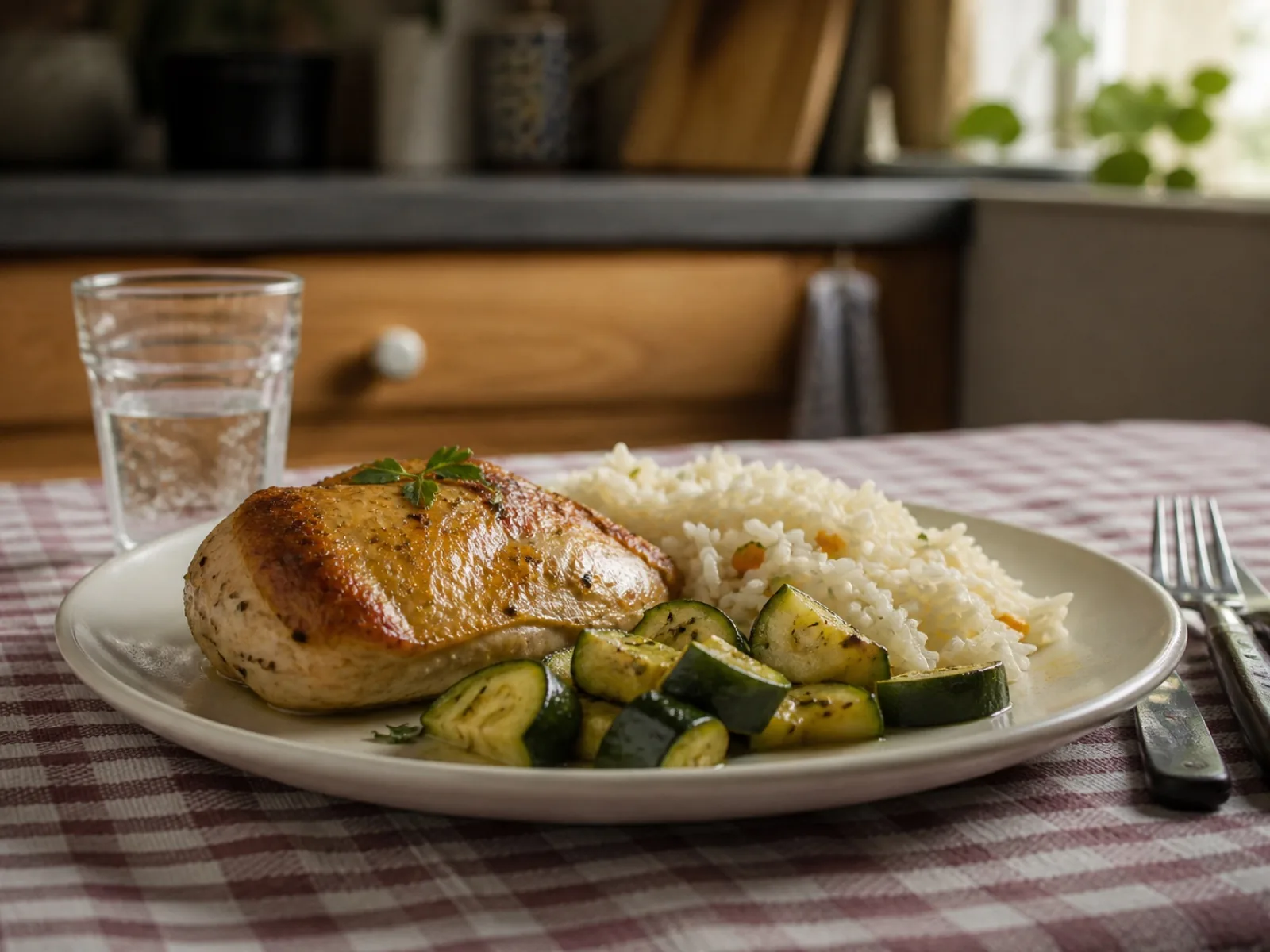 Poulet basquaise, riz et courgettes