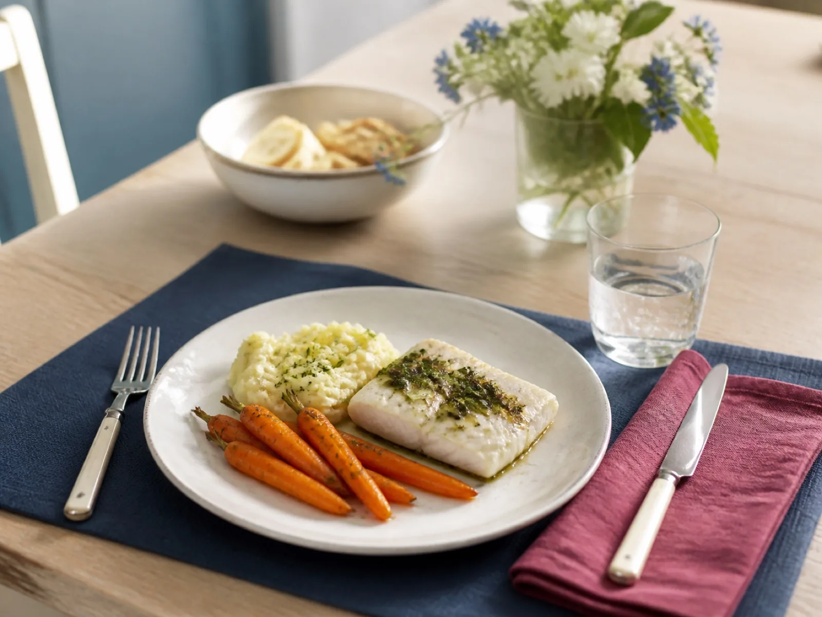 Poisson, pommes de terre et légumes servis