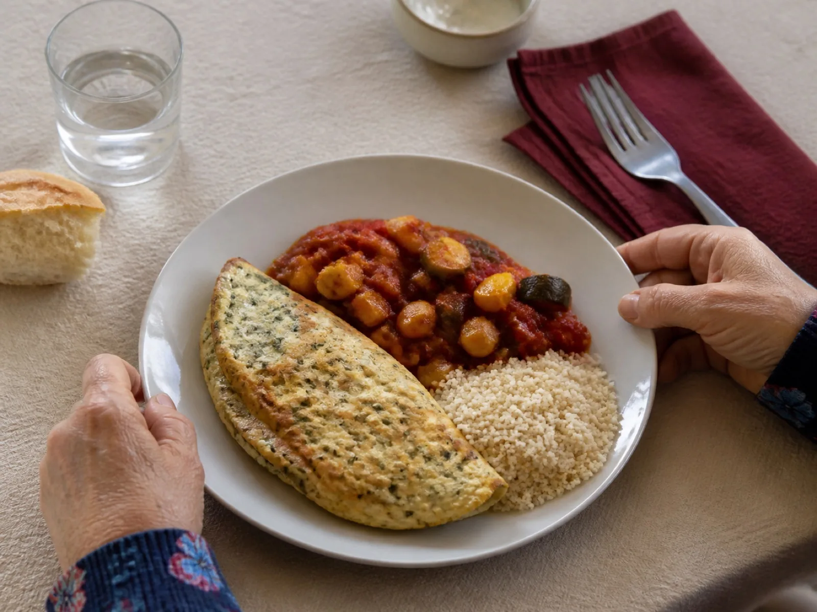Omelette aux herbes, légumes et semoule