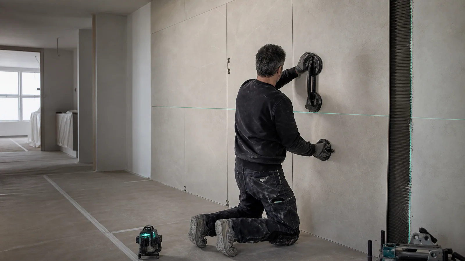Pose précise de grands carreaux dans un intérieur contemporain
