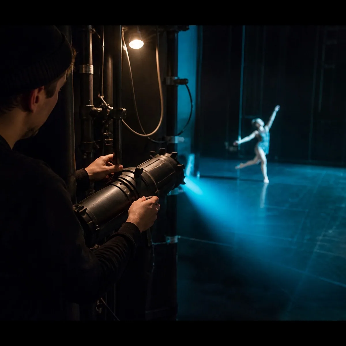 Mains d’un technicien sur un projecteur