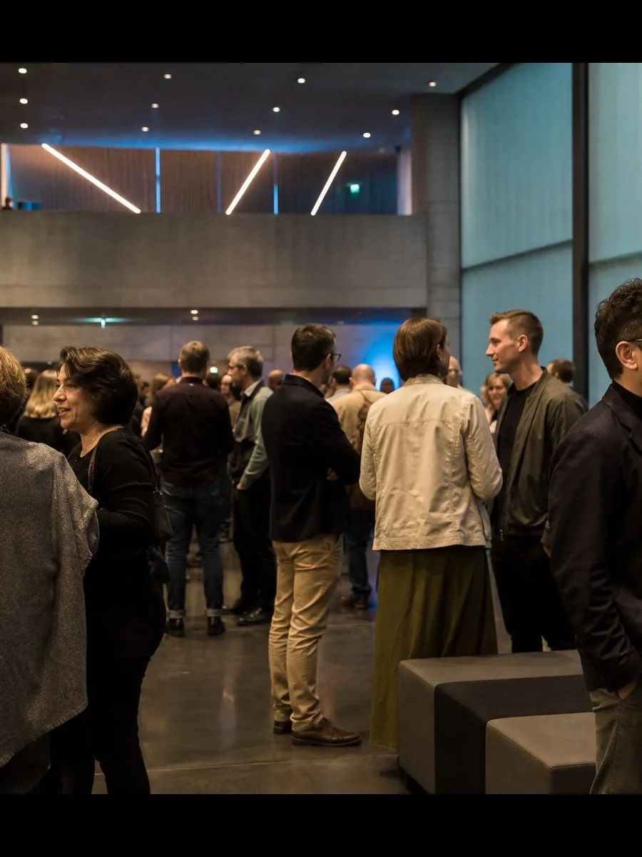 Public échangeant dans le foyer