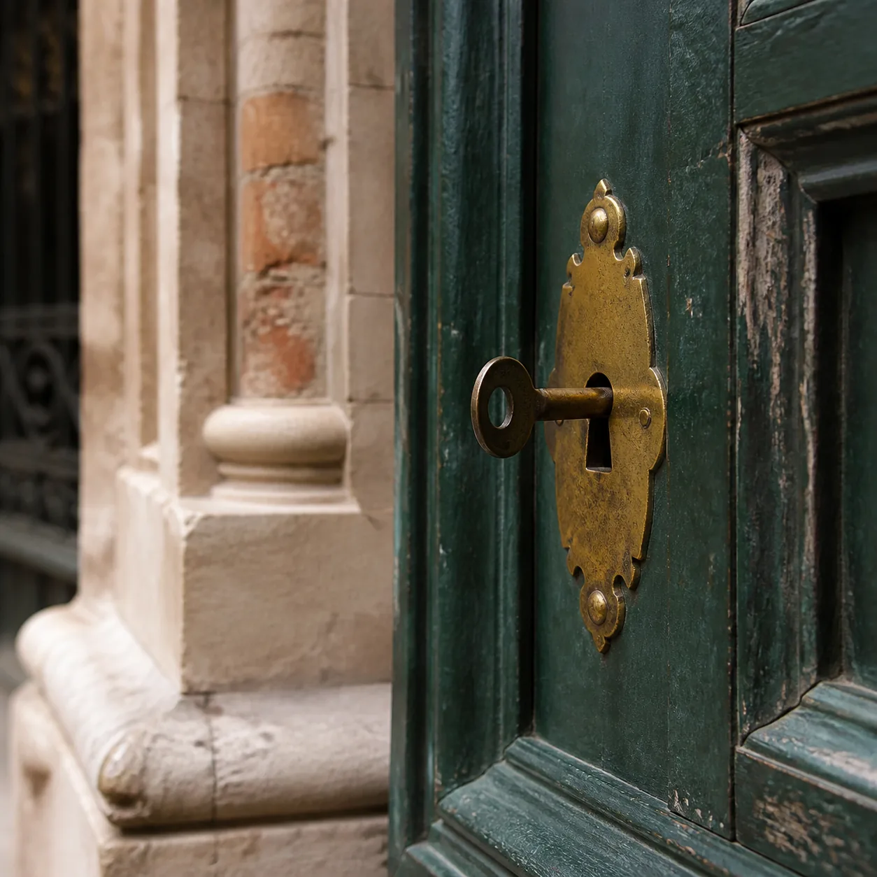 Serrure en laiton d'une porte cochère verte à Lyon