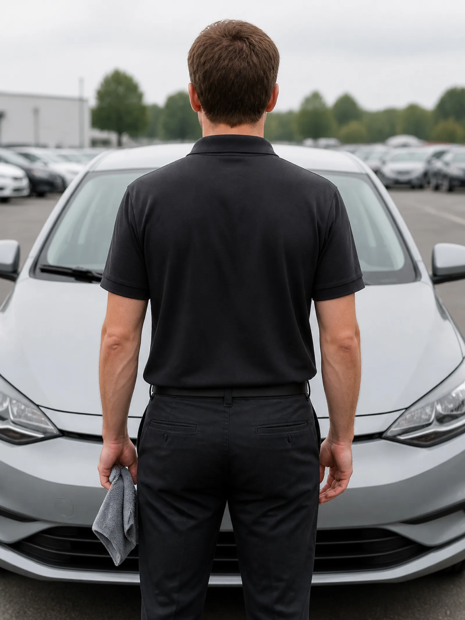 Opérateur ZÉRO GOUTTE devant un capot, microfibre à la main