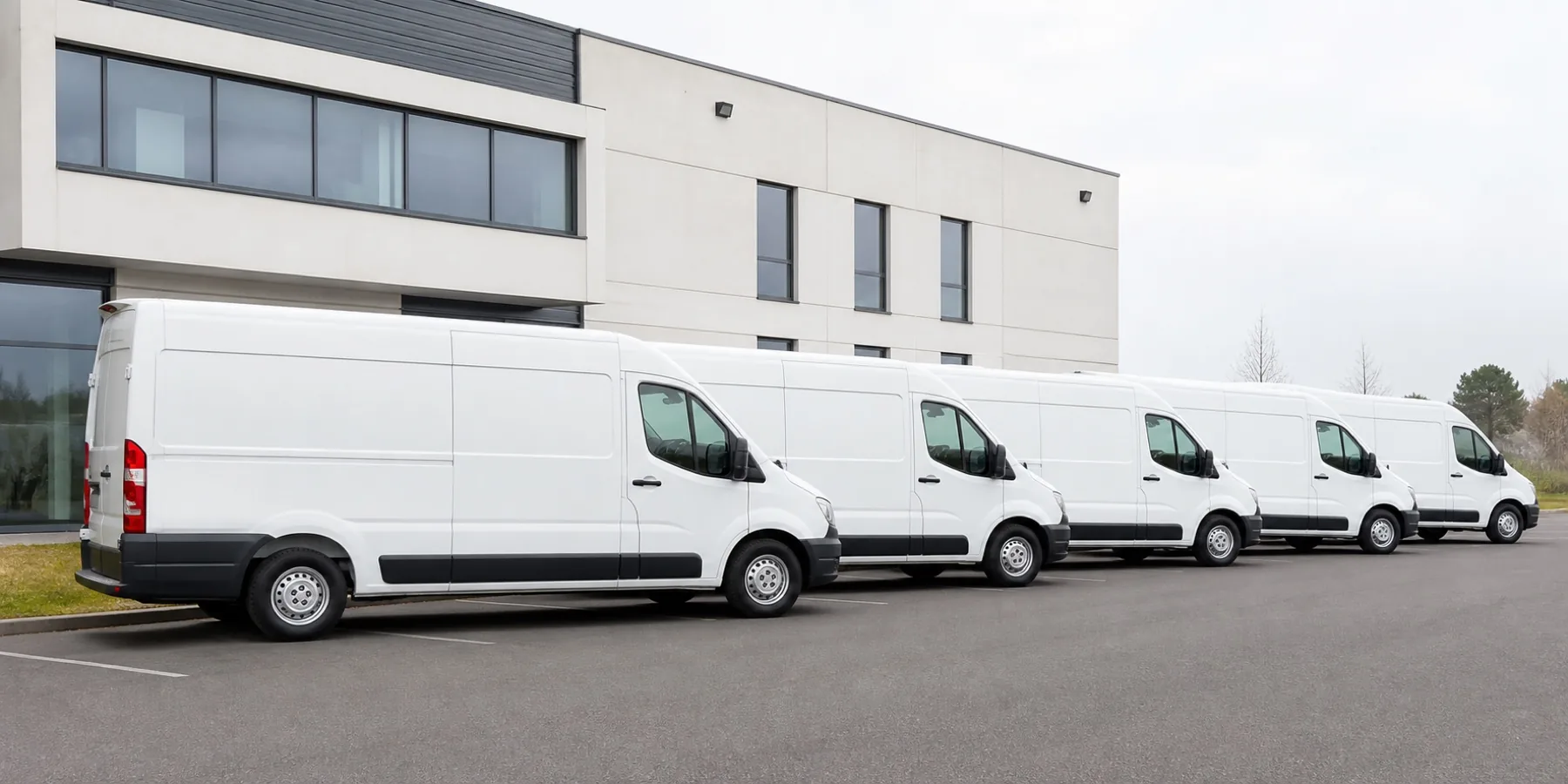 Utilitaires blancs propres alignés sur le site d'une entreprise