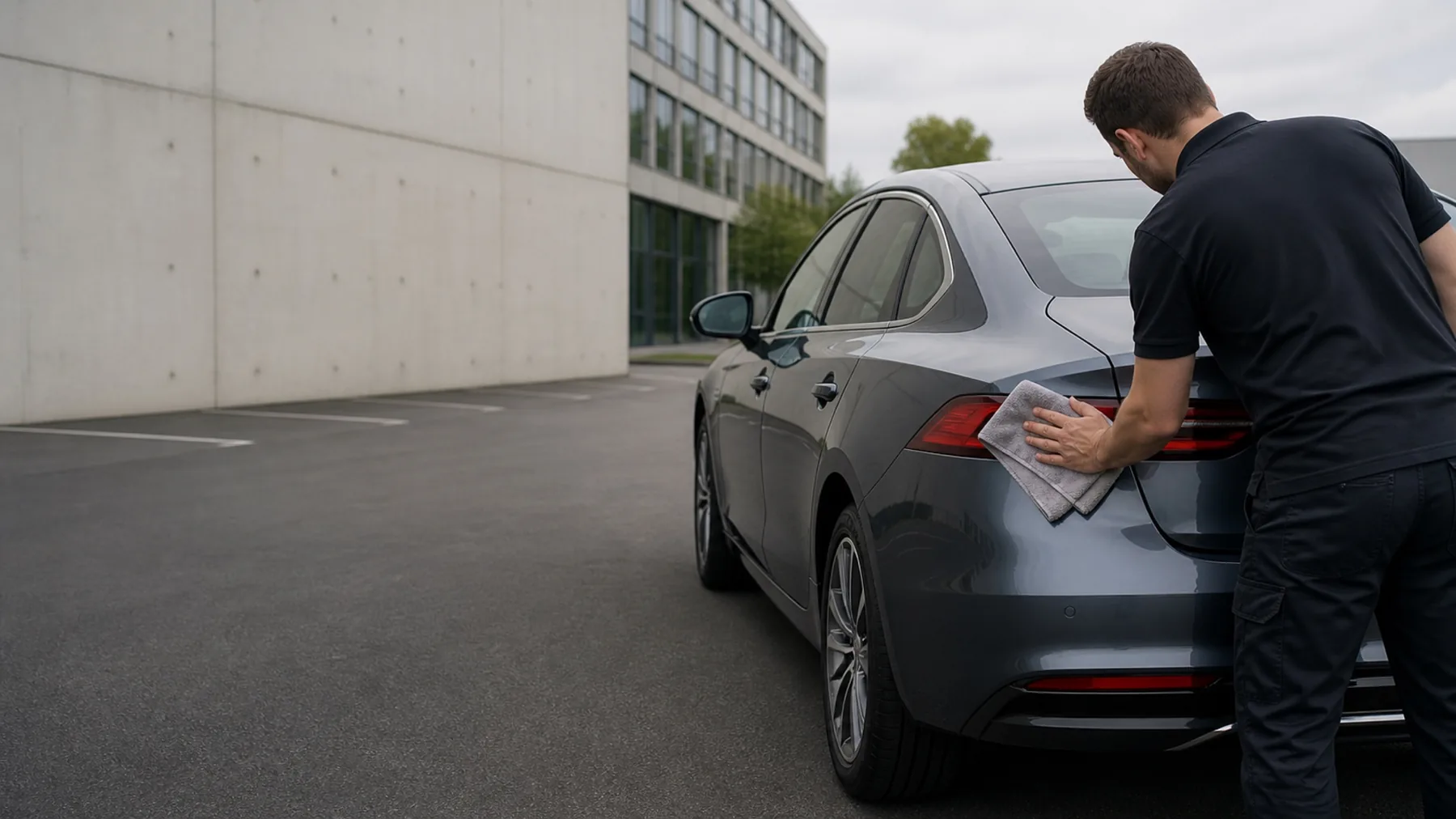 Un opérateur ZÉRO GOUTTE lave une berline sur le parking d'un immeuble de bureaux
